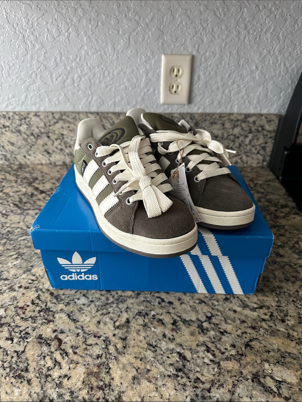 adidas campus Mens Olive Green Suede Sneakers with White Stripes and Cream Laces